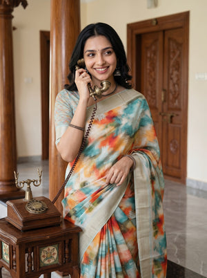Semi Tussar Teal Orange Watercolor Print Saree with Golden Border and Tassels