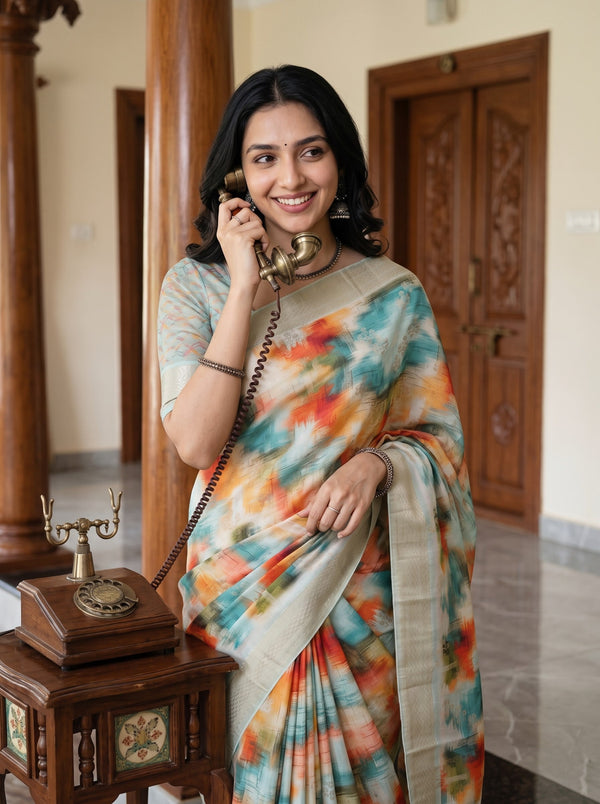 Semi Tussar Teal Orange Watercolor Print Saree with Golden Border and Tassels