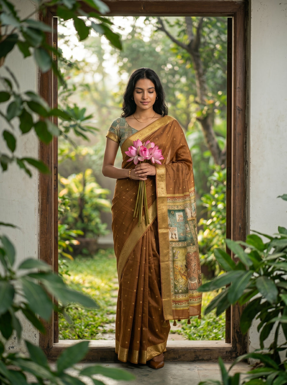 Woman in a traditional saree holding flowers, standing in a doorway with greenery outside.