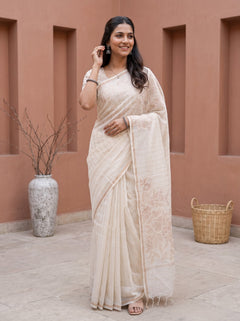 Mul Chanderi Off White Saree with Rose Golden Floral Embroidery and Subtle Striped Pattern