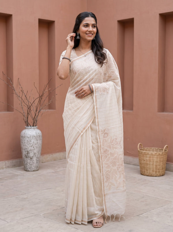 Mul Chanderi Off White Saree with Rose Golden Floral Embroidery and Subtle Striped Pattern