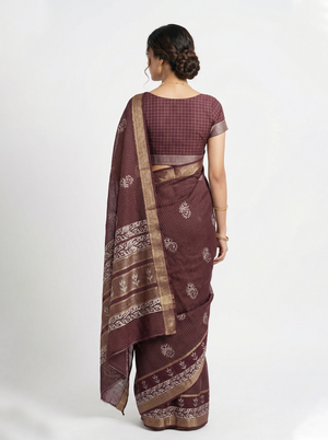 Cotton Silk Wine Maroon Checkered Floral Saree with Golden Vine Border