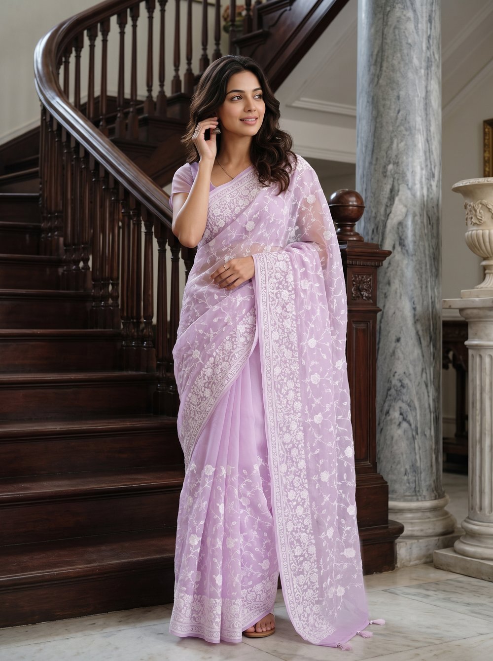 Organza Lavender White Floral Vine Embroidery Border Saree