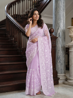 Organza Lavender White Floral Vine Embroidery Border Saree