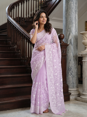Organza Lavender White Floral Vine Embroidery Border Saree