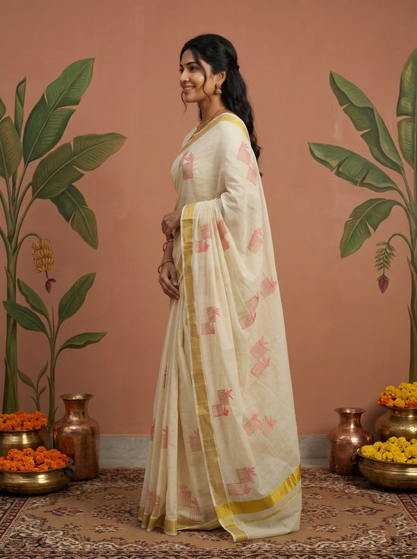 Cotton Cream Coral Pink Floral Embroidery Onam Special Kerala Saree with Golden Zari Border