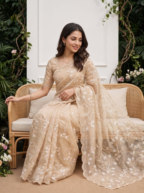 Organza Champagne Saree with Floral Vine and Scalloped Edge