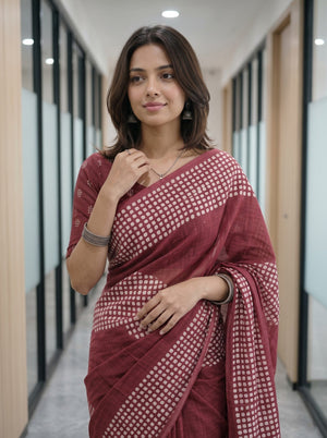 Cotton Maroon White Polka Dot Print Saree