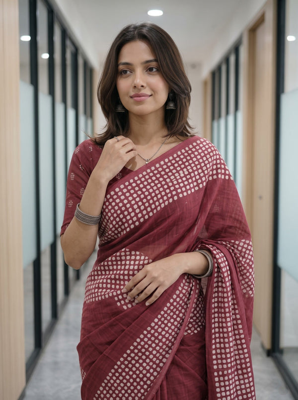 Cotton Maroon White Polka Dot Print Saree