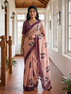 Cotton Peach Saree with Charcoal Face Print and Wine Ombre Border