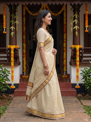 Tissue Off-White Gold Temple With Maroon Border Tassels Onam Special Kerala Saree