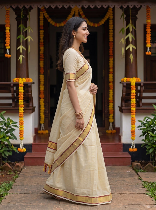 Tissue Off-White Gold Temple With Maroon Border Tassels Onam Special Kerala Saree