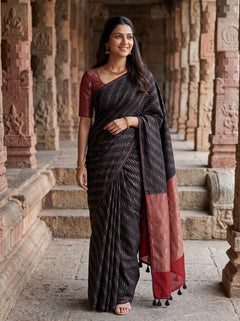 Matka Silk Black Red Diagonal Streak Zari Diamond Saree with Tassels