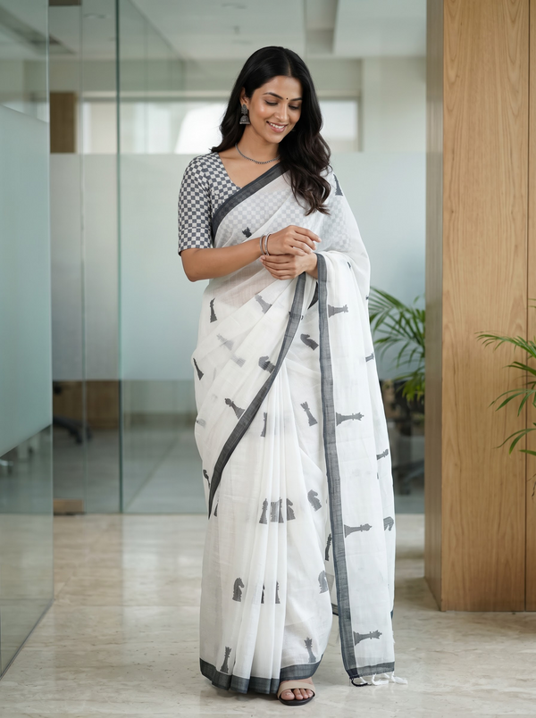 Cotton White Quirky Chess Print Saree with Grey Border