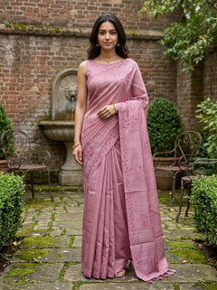 Semi Tussar Rose Pink Self Stripe Cutwork Embroidery Saree with Tassels