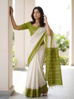 Semi Silk Off-White Butta Print Saree with Mehendi Green Zari Pallu