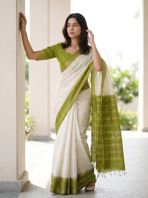 Semi Silk Off-White Butta Print Saree with Mehendi Green Zari Pallu