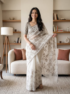 Net Kota Off-White Saree with Allover Bird Motif Design