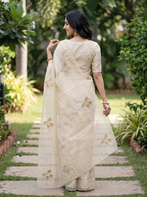 Linen Cream Saree with Golden Beadwork Floral Sprig Motifs and Scallop Border