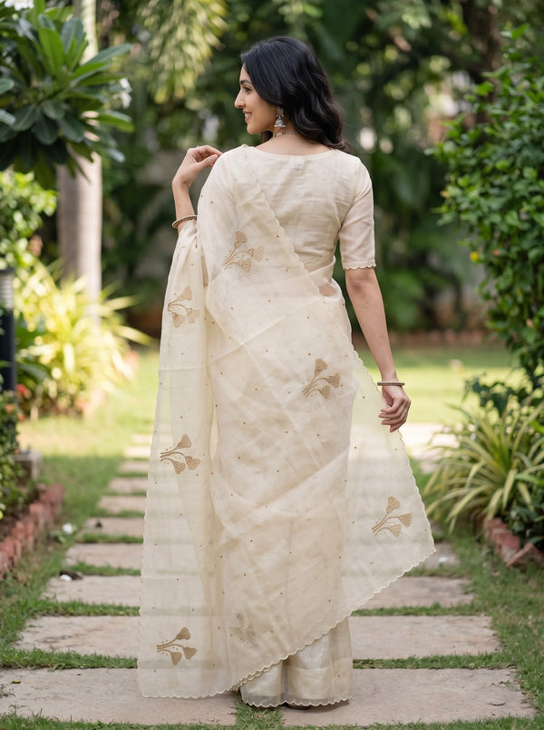 Linen Cream Saree with Golden Beadwork Floral Sprig Motifs and Scallop Border