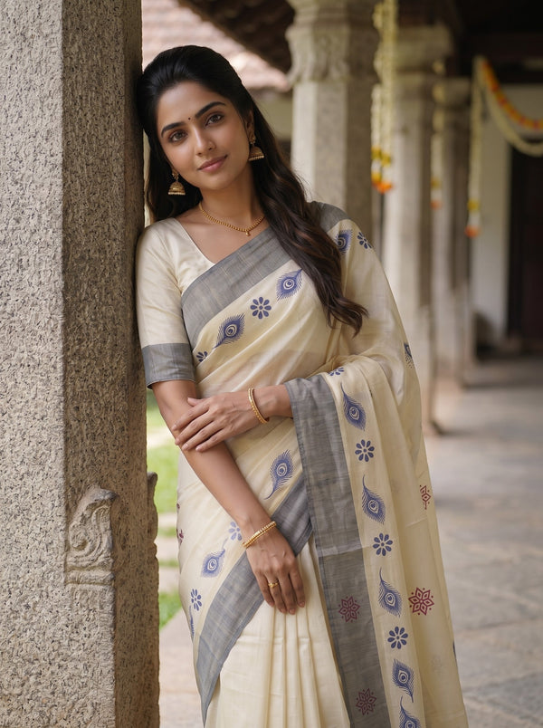 Tissue Cream Peacock Feather Floral Print Grey Border Traditional Onam Festive Kerala Saree