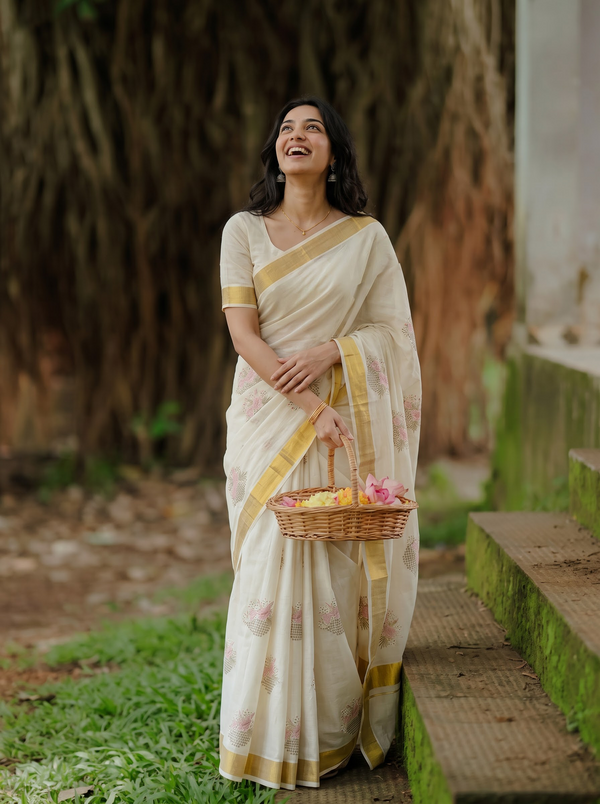 Cotton Cream Floral Basket Motif with Golden Zari Border Onam Special Kerala Saree