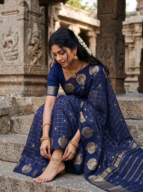 Semi Silk Navy Blue Self Check Golden Zari Booti Saree with Striped Pallu