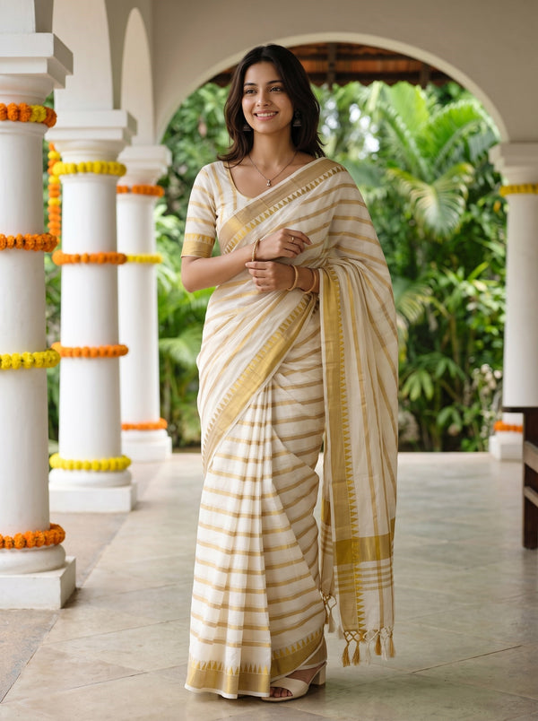 Cotton Cream Golden Striped Temple Border Tassel  Onam Special Kerala Saree