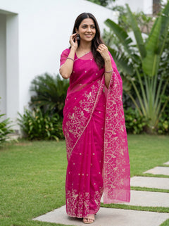 Organza Rani Pink Floral Embroidered Saree