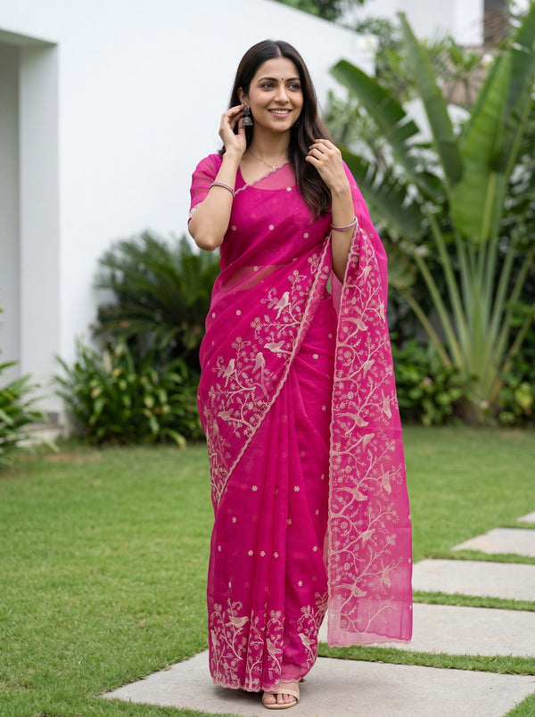 Organza Rani Pink Floral Embroidered Saree