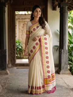 Tissue Cream Kerala Saree with Leaf Motif Print Pallu, Golden Zari and Pink Border