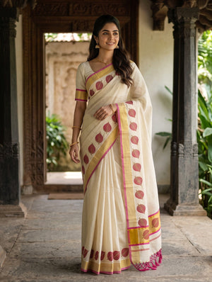Tissue Cream Kerala Saree with Leaf Motif Print Pallu, Golden Zari and Pink Border