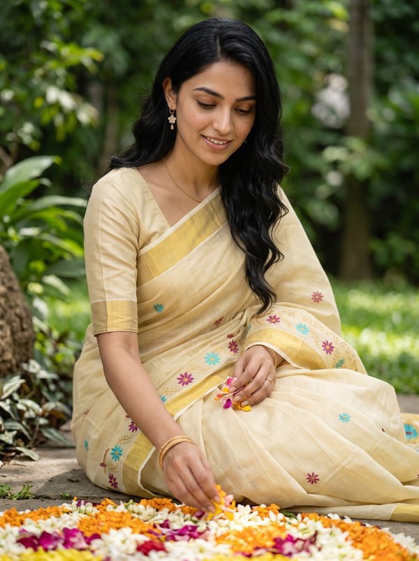 Tissue Cream Golden Teal Hibiscus Floral Print Onam Special Kerala Saree with Star Butti