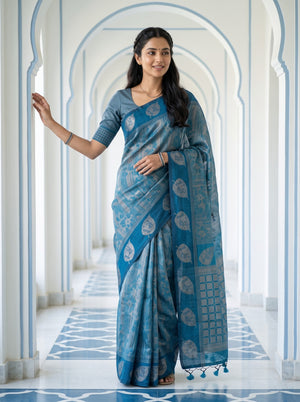 Matka Silk Teal Peacock Golden Zari Floral Checkered Pallu