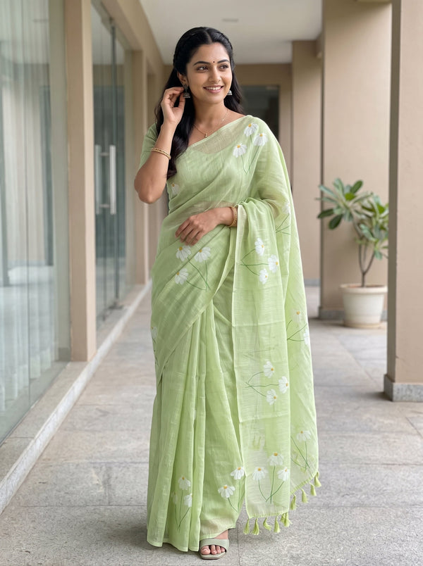 Cotton Lime Green White Daisy Floral Printed Pallu Green Tassels Saree