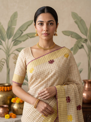 Tissue Cream Golden Checked With Multicolor Lotus Print Onam Special Kerala Saree