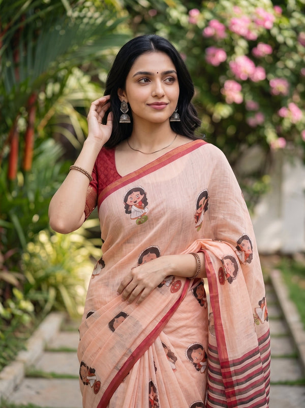 A woman wearing a peach-colored printed saree with a red border and matching red blouse, standing outdoors in a garden setting with green foliage and pink flowers in the background.
