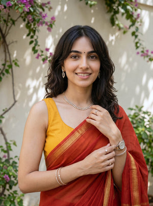 Mul Mul Cotton Rust Red Plain Saree with Golden Zari Border
