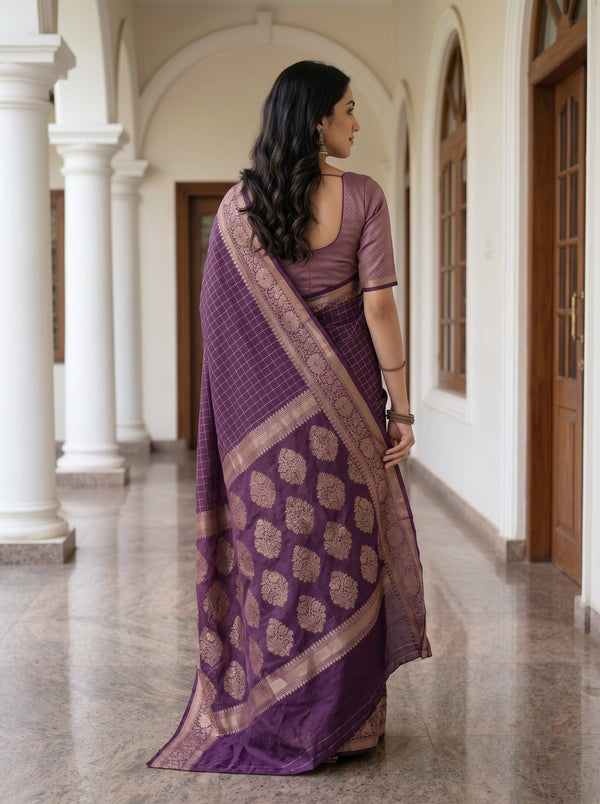 Cotton Silk Purple Golden Paisley Floral Butta Pallu Saree