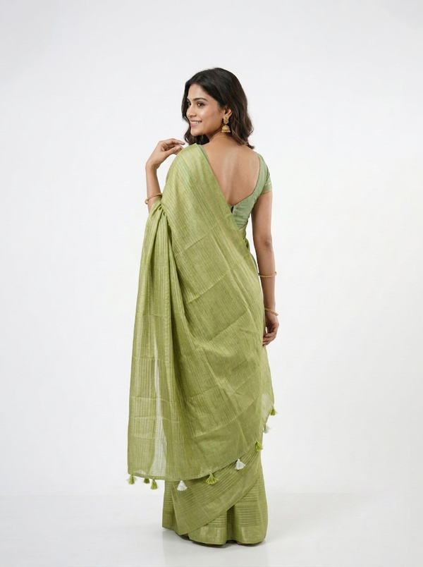 Semi Silk Pistachio Green Self Stripe Saree