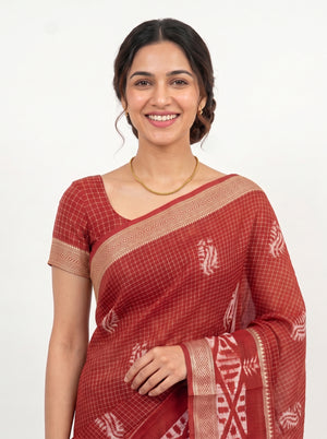 Cotton Silk Maroon Checkered Paisley Saree with Tribal Aztec Border