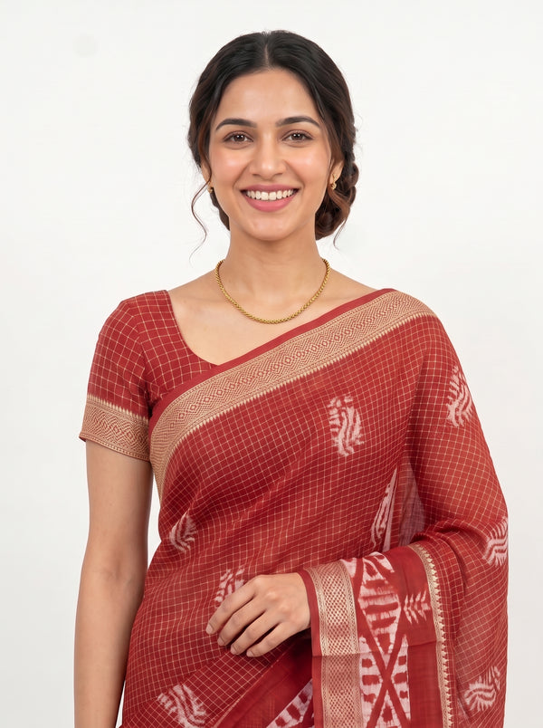 Cotton Silk Maroon Checkered Paisley Saree with Tribal Aztec Border