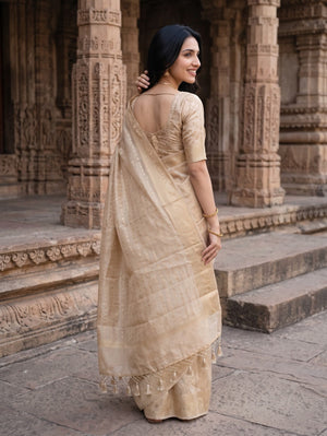 Banarasi Beige Self-Tone Dobby Floral Jacquard Border Saree