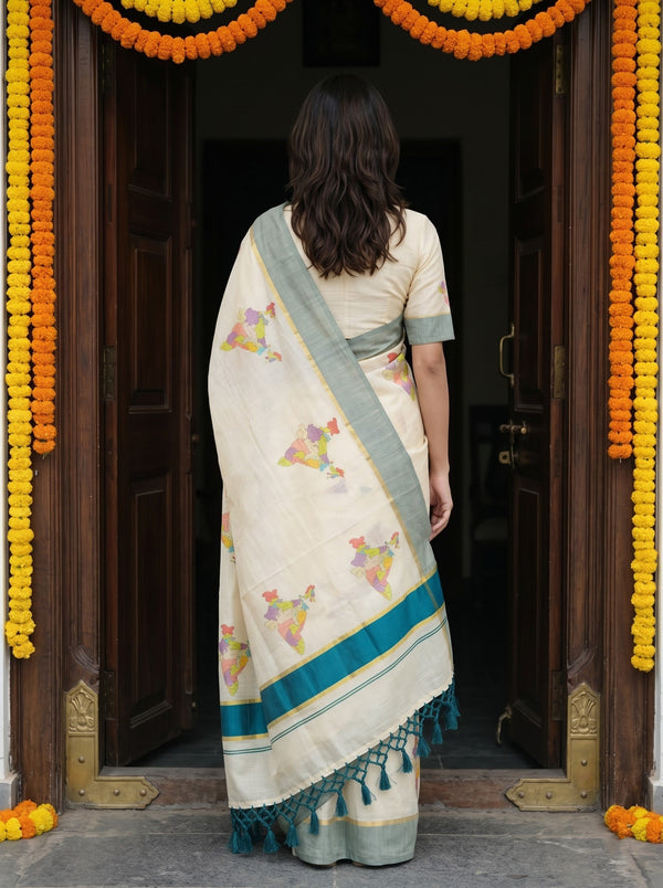 Tissue Cream Multicolor India Map Print Traditional Teal Border Festive Kerala Saree