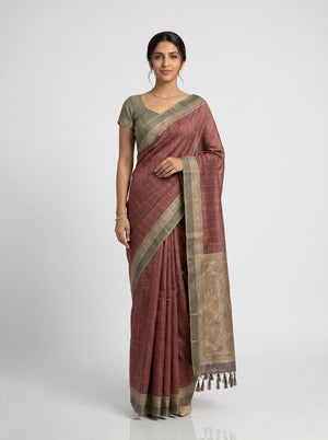 Semi Jute Rust Red Temple Border Check Saree