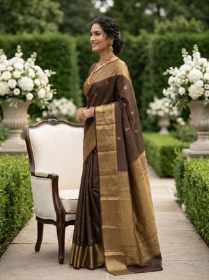 Kanjivaram Silk Brown Saree with Striped Weaving and Rich Border