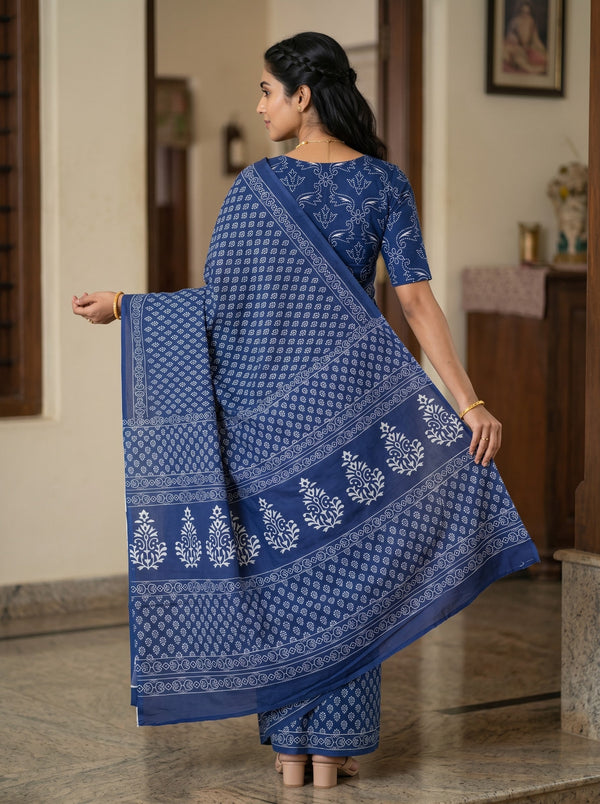 Cotton Navy Blue Saree with White Bagru Block Print