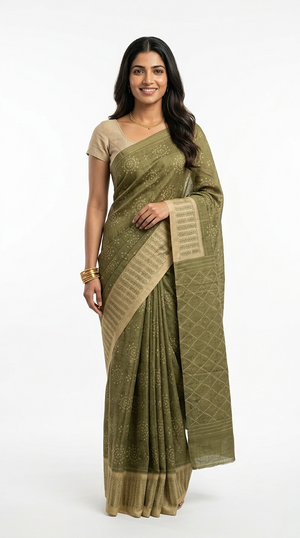 Cotton Olive Green Geometric Printed Saree
