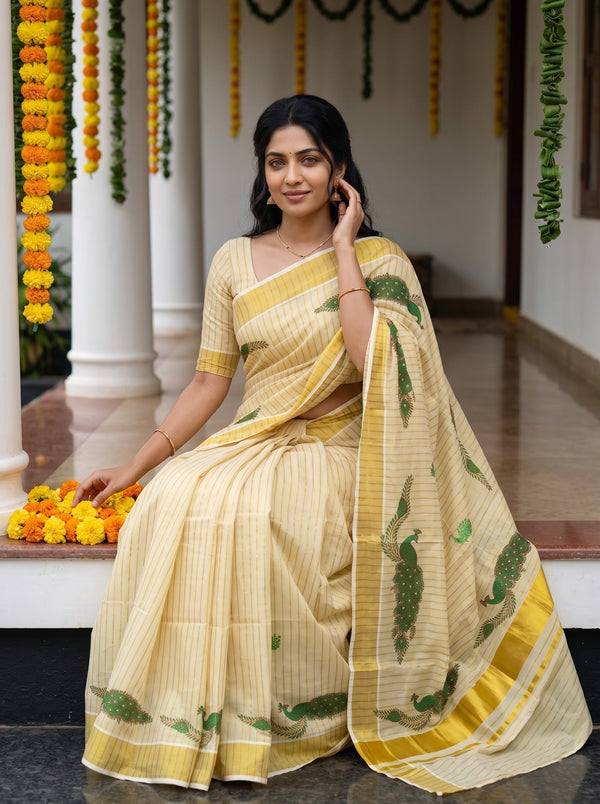 Tissue Golden Peacock Print with Golden Border Onam Special Kerala Traditional Saree
