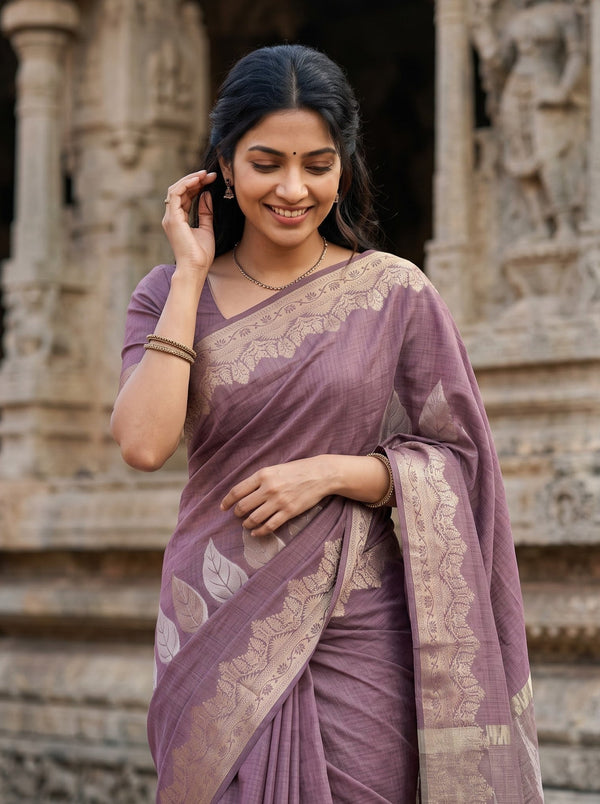 Matka Silk Mauve Silver Leaf Motif Border Saree